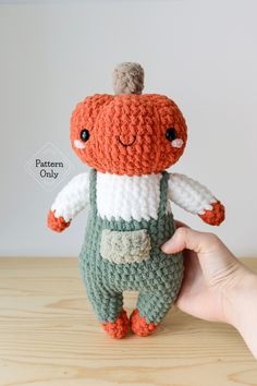 a hand holding a small crocheted stuffed animal with an orange and white outfit