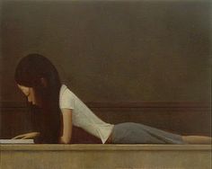 a painting of a woman laying on the ground reading a book with her head down