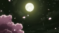 the moon is shining brightly in the night sky with clouds and pink flowers on it