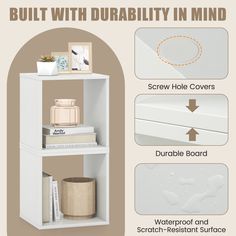 the instructions for how to build a shelving unit with drawers and shelves in white