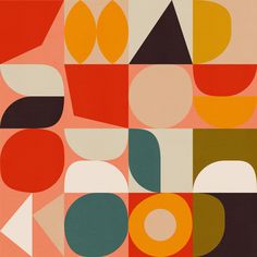 an abstract painting with different colors and shapes on it's surface, including circles