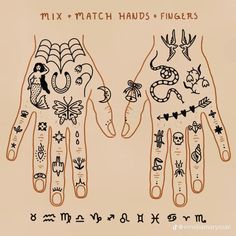 two hands with different designs on them and the words mix - match hands + fingers