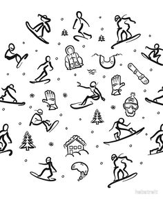 black and white drawing of snowboarding icons