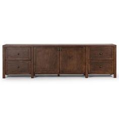 the sideboard is made from wood and has three drawers, one with two doors