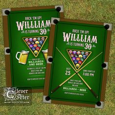 two pool themed birthday party games with drinks and billiards on the green background