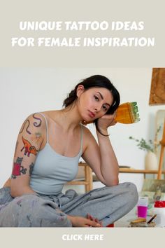 a woman sitting on the floor with her hair brush in her hand and text that reads unique tattoo ideas for female inspiration