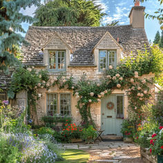 an old stone house with roses growing on the front door and windows, surrounded by greenery