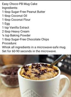 the recipe for chocolate chip mug cake is shown