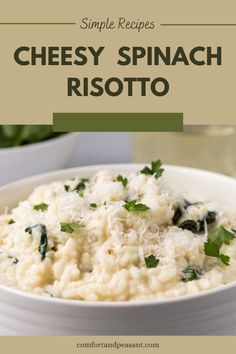 a white bowl filled with cheese spinach risotto and garnished with parsley