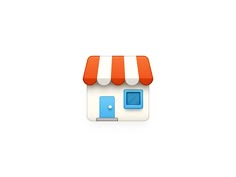 a small store with an orange and white awning on the roof is seen in this image