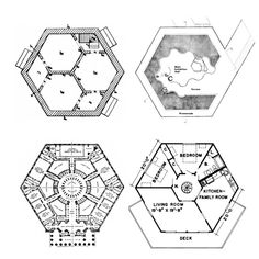 four different floor plans for an octagonal house