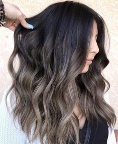 Brassy Balayage Color Correction, Black And Ash Balayage, Dark And Ash Balayage, Popular Hair Colors For 2023 Dark, Black Ash Balayage, Brunette Ash Balayage Hair, Ashy Ombre Hair, Mushroom Brown Balayage On Black Hair, Ash Brown Balayage Dark