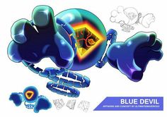 an image of a blue devil with other items in the background and text below it