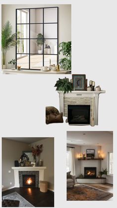 four different views of a living room with fireplace