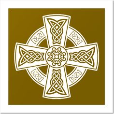 a cross with an intricate design on the front and sides, against a brown background