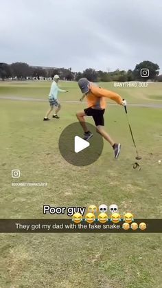 the man is playing golf on the field with two balls in front of him and another person behind him