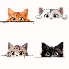 three cats peeking over the edge of a white wall with their eyes wide open and one looking at the camera