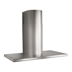 a stainless steel chimney hood with an open vent on the front and bottom, shown from the side