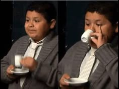 three pictures of a man holding a cup and saucer