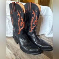 Lucchese Lizard Cowboy Boots Size 10.5 Very Good Condition Wear To Bottom Of Shoes (Worn A Couple Of Times Maybe). Black Boots With Red Sole, Closed Toe, Black Snip Toe Boots With Rubber Sole, Fitted Black Boots With Leather Sole, Fitted Black Moc Toe Boots, Fitted Goodyear Welted Boots, Black Snip Toe Boots, Fitted Black Boots With Red Sole, Fitted Boots With Red Sole And Almond Toe, Fitted Almond Toe Boots With Red Sole