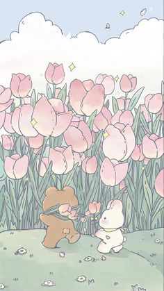 two teddy bears are sitting in the grass with pink flowers