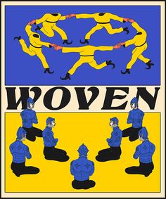 an image of people in blue and yellow with the word woen on it's side