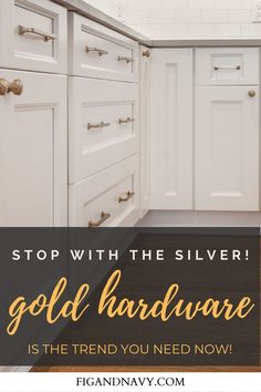 a kitchen with white cabinets and gold hardware on the counter top is featured in this post