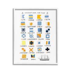 an art print with the words and symbols in different colors, including blue, yellow, orange