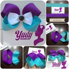 purple and teal hair bow with name tag, business card and other items for sale