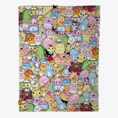 a bunch of cartoon animals on a colorful background with many different colors and sizes, all together