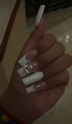 White French Tip Nails Coffin Glitter, French Tips With One Glitter Nail, Gems On Acrylic Nails, Vivienne Westwood Nail Designs, Prom Nails Long Acrylic, Cute Short Prom Nails, White French Tip Vivienne Westwood Nails, Prom Long Nails, White Nails With Glitter French Tip