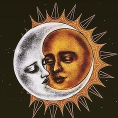 the sun and moon face each other in front of a black background