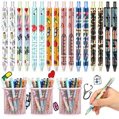 several pens and pencils are shown in different colors