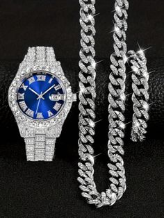 Luxury Diamond-Set Stainless Steel Quartz Watch, With Diamond-Set Chain Bracelet And Necklace, Set Father  Casual,Simple,Business,Trendy Personality   Zinc Alloy  Watch Set   Men Watches, size features are:Bust: ,Length: ,Sleeve Length: Business Trendy, Diamond Watches For Men, Men's Watches Luxury, Watch Set, Expensive Jewelry Luxury, Bracelet Diamond, Bracelet And Necklace, Pendant Watches, Luxury Diamonds