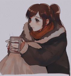 a drawing of a woman holding a coffee cup in her right hand and wearing a scarf around her neck