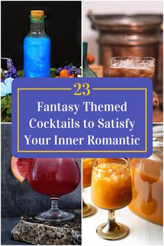 Collage of 4 fantasy themed cocktails. Fantasy Alcoholic Drinks, Dnd Alcoholic Drinks, D&d Cocktails, Ethereal Cocktails, Medieval Drinks, Dnd Mocktails, Nerdy Cocktails, Dnd Inspired Drinks, Lotr Inspired Drinks