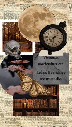 a collage of photos with books, a clock and a skull in the background