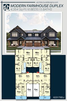 the modern farmhouse house plan is shown in blue and white, with three levels to each level