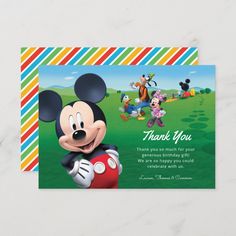 a mickey mouse thank card with an image of the character and his friends on it