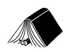 an open book with pages falling off the top, black and white illustration on a white background