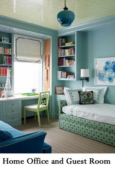 a bedroom with blue walls and green furniture