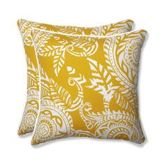 two yellow and white decorative pillows on a white background, one with an intricate design