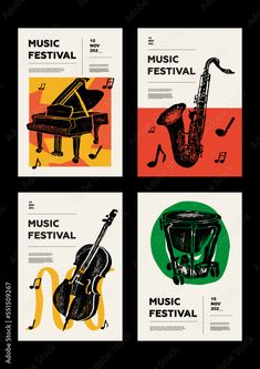 four posters with musical instruments on them