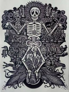 a drawing of a skeleton surrounded by other things