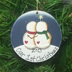 a christmas ornament with two snowmen on it