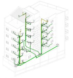 an architectural drawing of a building with green piping lines running from the top to the bottom