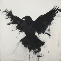 a black and white painting of a bird with its wings spread out in the air