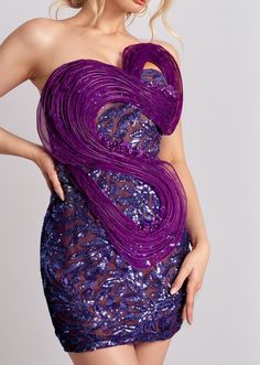 Expertly crafted by hand, the LATASHA Strapless Sequined Dress exudes luxury and glamour. The strapless design highlights the shoulders and neckline, while the abstract flounce detail adds a touch of elegance. Perfect for any special occasion, this mini dress is adorned with shimmering sequins in a rich purple hue. Fabric: Non-Stretch Material: Polyester Fiber *Actual color may vary slightly due to photo lighting and display screen color differences. Strapless Evening Dress With Ruffles, Evening Strapless Off-shoulder Dress With Ruffles, Strapless Off-shoulder Dress With Ruffles For Evening, Evening Off Shoulder Dress With Ruffles, Glamorous Strapless Mini Dress For Evening, Strapless Mini Dress For Gala, Luxury Strapless Dress For Gala, Couture Strapless Fitted Bodice Dress, Luxury One-shoulder Dress With Fitted Bodice