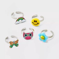 Girls' 5pk Rainbow Smiley Glow In The Dark Ring Set - Cat & Jack™ : Target Glow In The Dark Ring, Rainbow Owl, Girl Rings, Drawing Art Supplies, Dark Ring, Tattoo Choker Necklace, Lego Kits, Dark Rings, Sparkly Outfits