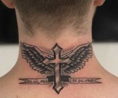 a man with a cross and wings tattoo on his neck